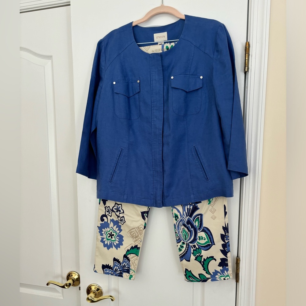 Chico’s Linen Jacket with Floral Print Cropped Pants.Jacket Size 1,Pants Size .5